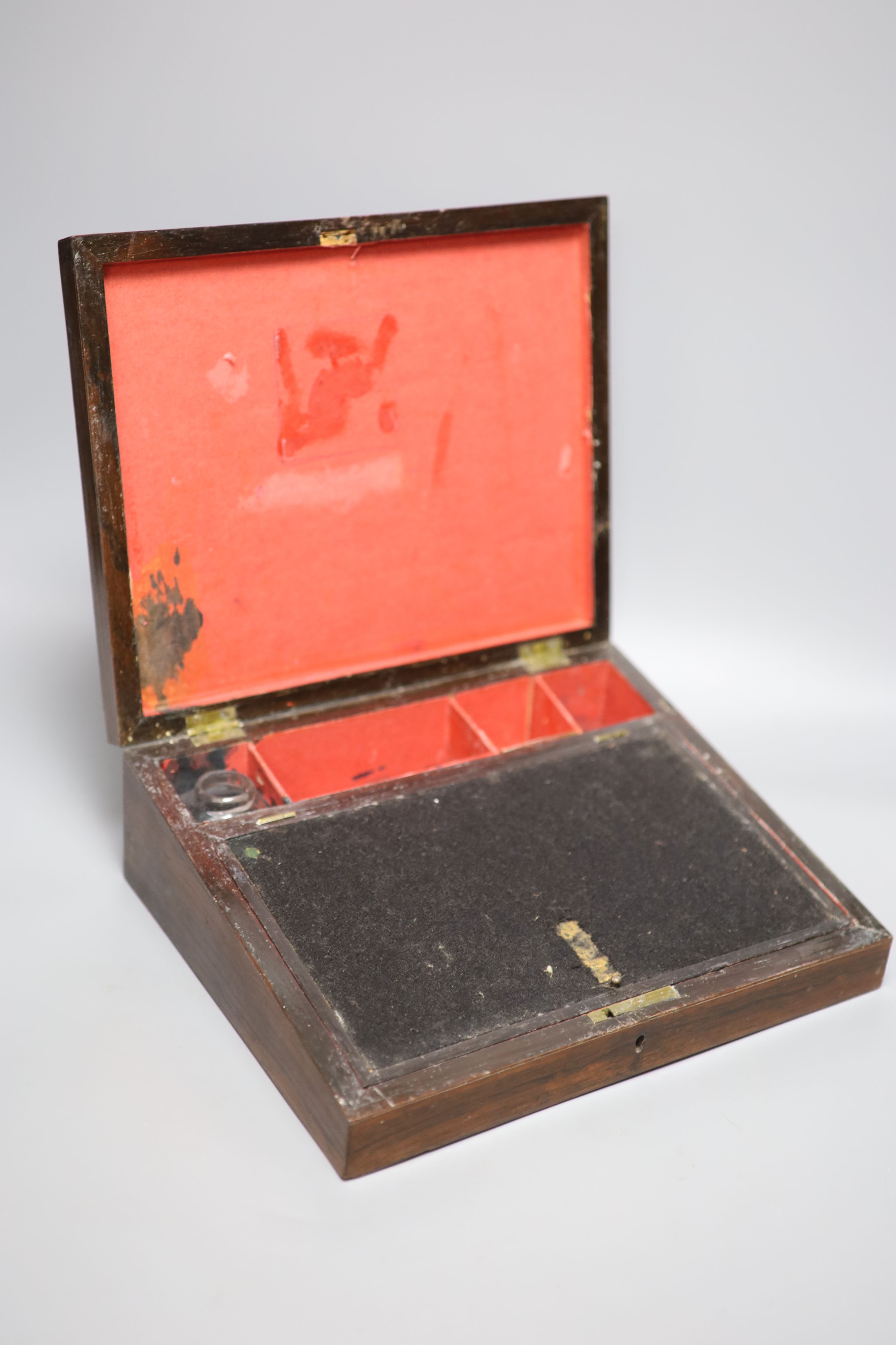 A mid 19th century Tunbridge ware rosewood half square mosaic writing slope, 28cm wide